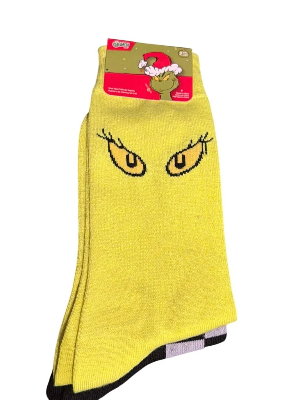 The Grinch 2 Pack Holiday Crew Socks Yellow Black Who Hash Shoe Size 6-12 NEW
